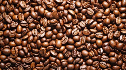 Fototapeta premium Roasted Coffee Beans A Full Frame, Overhead View of Aromatic Coffee Beans With Sharp Focus