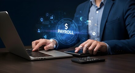 A professional calculating payroll using a laptop and calculator, with digital icons representing finance and payments in the background.