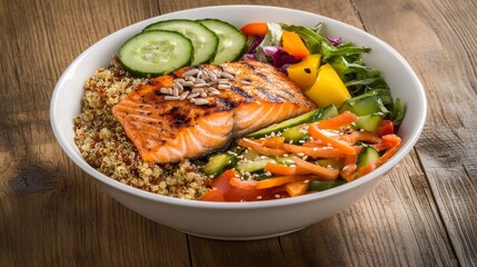 A Vibrant and Delicious Salmon Quinoa Bowl with Fresh Vegetables. A healthy and balanced meal.