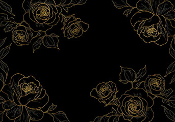 Art Deco luxury flower, roses line pattern, golden background. Hand-drawn florals for the cover, banner, creative post, and wall art. Japanese style. Black and gold modern flower background