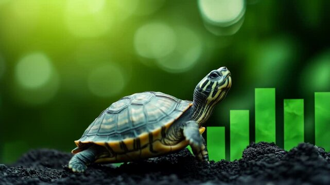 small turtle standing walking in right direction along green rising market chart graph. symbolizing slow rise of long time investments. increasing economical growth market