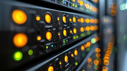 Server room, network hardware, data center, lights, technology, background bokeh, IT infrastructure, stock photo