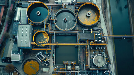 Fototapeta premium A top-down view of an industrial biogas facility, showcasing efficient waste management and clean energy production. 