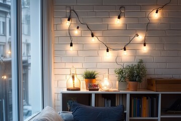 Luci soffuse, parete in mattoni bianchi e dettagli naturali creano un ambiente accogliente e rilassante, perfetto per il relax.