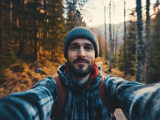 Selfie di un giovane turista che esplora la città con entusiasmo. Un mix di moda, felicità e avventura.