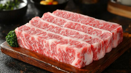 aw beef steaks on a wooden cutting board, showcasing the rich texture of wagyu beef, symbolizing luxury, indulgence, and the craftsmanship of modern cooking