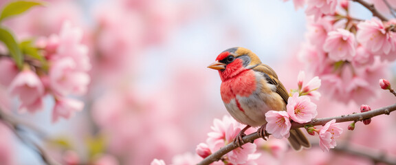 Beautifully colored bird perched among vibrant cherry blossoms showcasing the beauty of nature and springtime