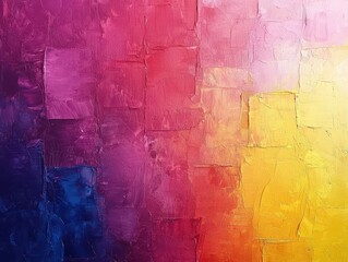 Obraz premium A vibrant gradient of colors transitioning from deep purple to bright yellow, featuring textured, square-shaped patterns across the canvas.