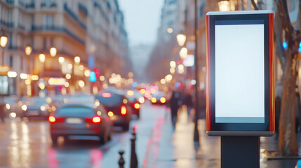 Obraz premium Urban evening scene with blank digital advertising panel on bustling city street