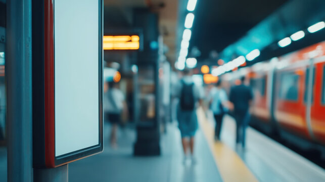 Urban commuter scene with close up of blank rotating advertising panel for creative display concepts