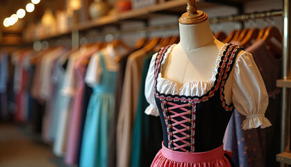 Dirndl dress on a mannequin in a clothing boutique with vintage decor for traditional Oktoberfest attire