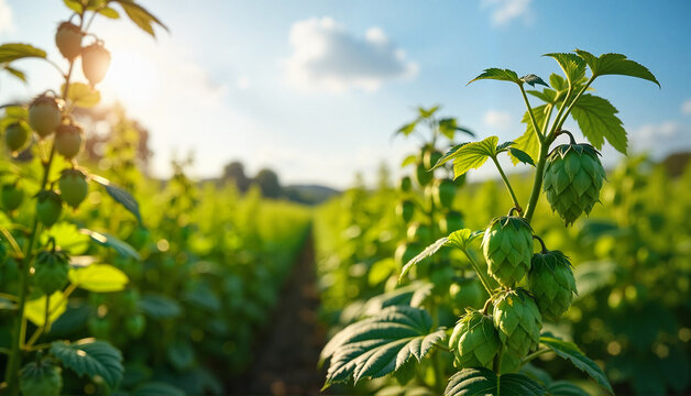 A field of hop plants, essential brewing ingredient for Oktoberfest