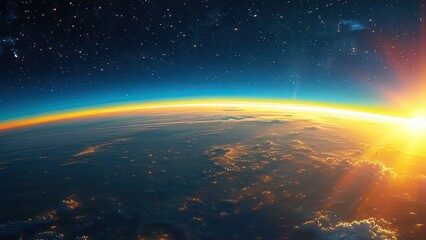 Stunning view of Earth from space during sunrise, capturing beauty.