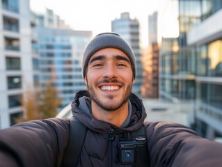 Selfie di un giovane turista che esplora la città con entusiasmo. Un mix di moda, felicità e avventura urbana sotto il sole estivo.