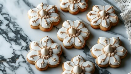 Beautifully decorated cookies in floral shapes on a marble surface.