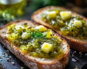 dill pickle relish spread on a fresh baguette with butter, highlighting every grain and the droplets of moisture