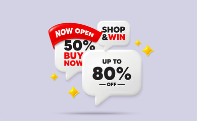 Discount tag speech bubbles. Now open flag ribbon. Up to 80 percent off sale. Discount offer price sign. Special offer symbol. Save 80 percentages. Discount chat bubbles with 3d sparkles. Vector
