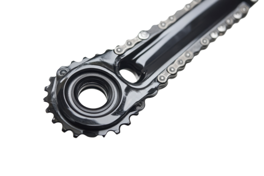 Detail of a bicycle crank with chainring captured against a minimalist white backdrop isolated on transparent background
