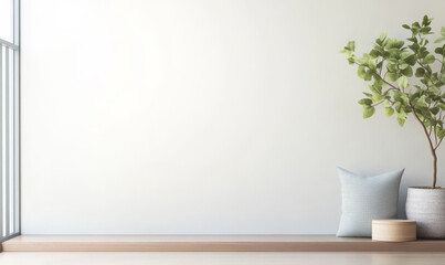 Bright indoor space with green plant and cozy cushions in a minimalist setting