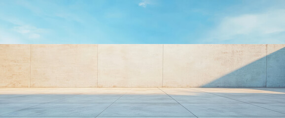 Modern concrete wall under a clear blue sky with long shadows in an outdoor setting