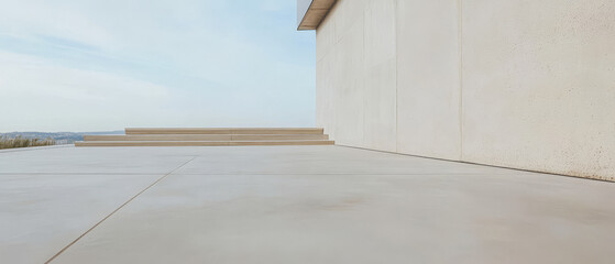 Modern architectural design features steps leading to a minimalistic building