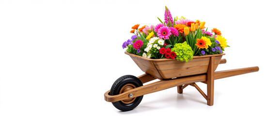 Flower-filled wheelbarrow showcasing vibrant blooms exuding springtime freshness and warmth, symbolizing renewal and growth in lush garden settings