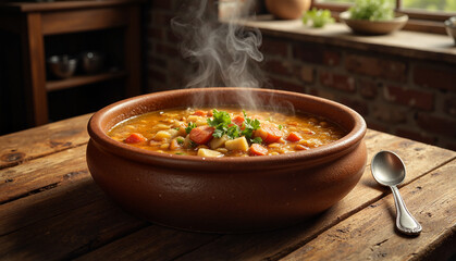 Steaming lentil soup in rustic bowl on wooden table, comfort food