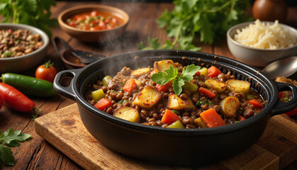 Hearty lentil stew steaming in cast iron pot on rustic table, comfort food