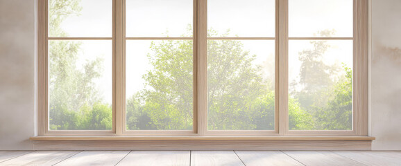 Calm interior view of a bright room with a large window overlooking lush greenery