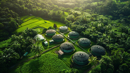 A rural farm with biogas digesters converting agricultural waste into sustainable energy, surrounded by lush greenery. 