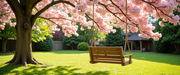 Springtime swing under blooming cherry blossoms in a lush green backyard evokes tranquility and joy in a picturesque residential setting