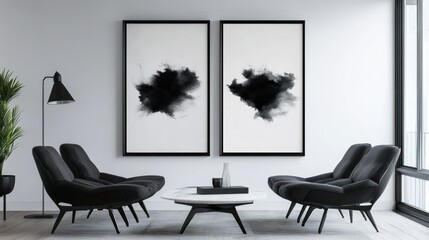 Fototapeta premium Minimalist living room with black chairs and abstract art paintings