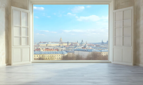 Open window view of a historic city skyline with clouds and blue sky - Powered by Adobe