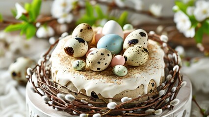 A festive cake adorned with decorative eggs for spring celebrations.