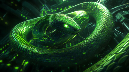 Fierce green snake with glowing eyes coiled in a dark futuristic environment. Biomechanical Serpents. Illustration