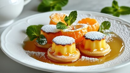 A delightful panna cotta dessert garnished with citrus and mint.