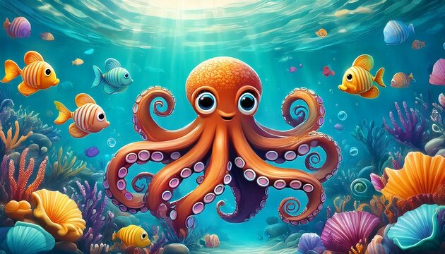 cute cartoon octopus swimming underwater with colorful fish and seashells in a vibrant seabed scene