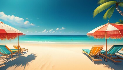 Fototapeta premium tropical beach scene with sun loungers and umbrellas under a clear blue sky