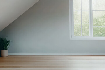 Fototapeta premium Bright and spacious room with large windows and minimal decor in a cozy attic