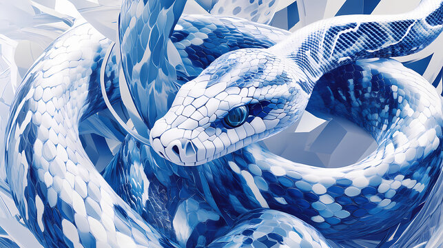 Geometric python reverie: azure and white python with geometric patterns, evoking a sense of technological precision and dreamy ambiance. Biomechanical Serpents. Illustration