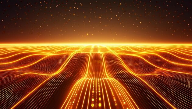 abstract orange illuminated digital binary code field depth of horizon line orange and yellow