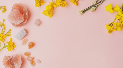 Spa and wellness flat lay with Himalayan salt crystals and yellow flowers on a pink background with copy space
