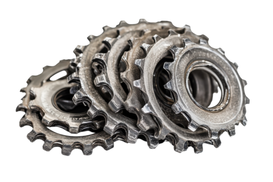A collection of metallic bike gears showcases intricate design and mechanical craftsmanship isolated on transparent background