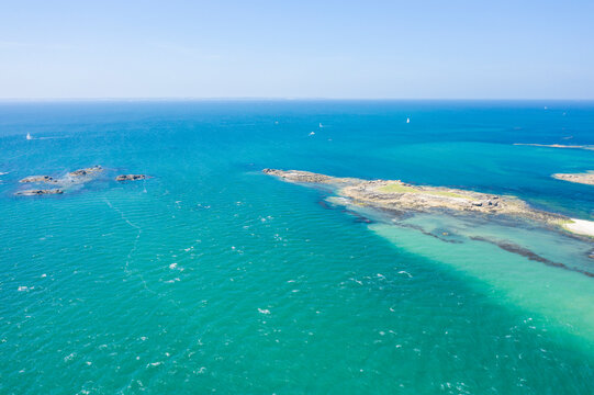 The tip of Conguel and the islet of Toul Bihan in Quiberon in Europe, France, Brittany, Morbihan, Quiberon, in summer, on a sunny day.
