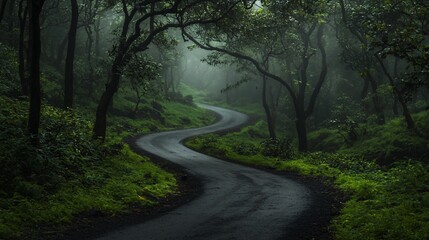 Fototapeta premium Winding road through misty green forest.