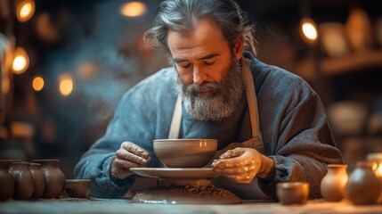 Elderly Potter Creating a Handmade Clay Bowl in a Warm Artisan Workshop for Craftsmanship, Creativity, and Traditional Artistry Promotions in a Rustic Earthy Color Palette