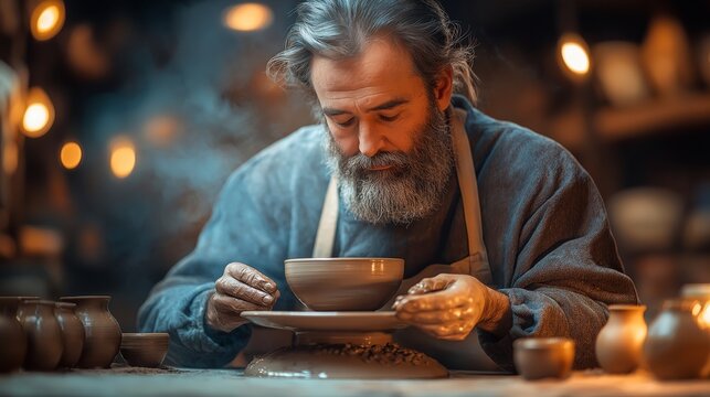 Elderly Potter Creating a Handmade Clay Bowl in a Warm Artisan Workshop for Craftsmanship, Creativity, and Traditional Artistry Promotions in a Rustic Earthy Color Palette