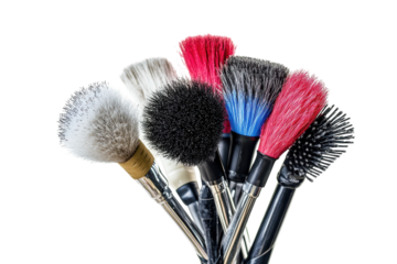 A vibrant collection of makeup brushes showcasing creativity and artistry in beauty application isolated on transparent background