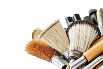 A diverse collection of artistic makeup brushes in various styles and textures in the studio isolated on transparent background