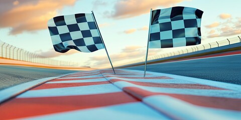 Two checkered flags on a race track, used as finish markers for racing competitions, with copy space
